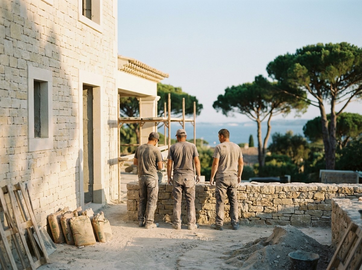 Trois générations de maçons OGUZ COAST sur un chantier de villa dans le Golfe de Saint-Tropez