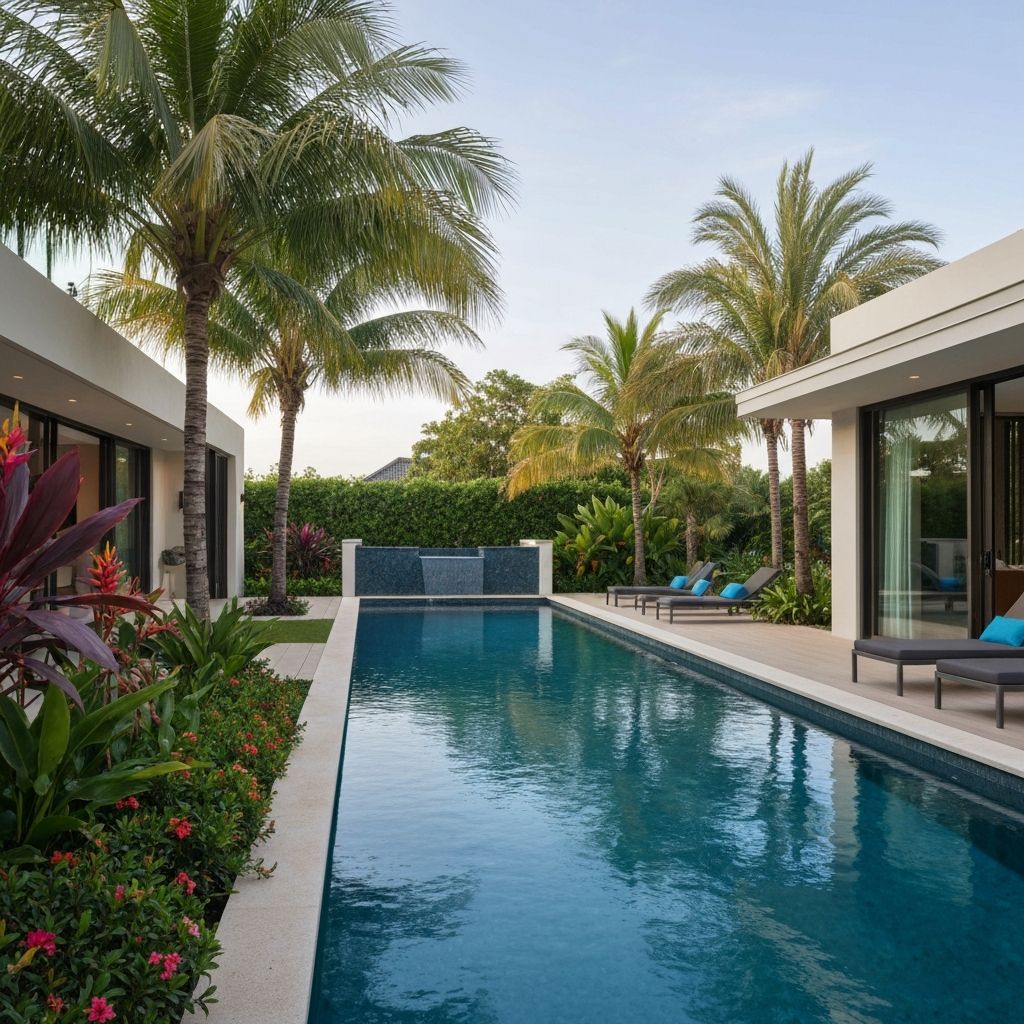 Outdoor pool with modern architecture and palm trees